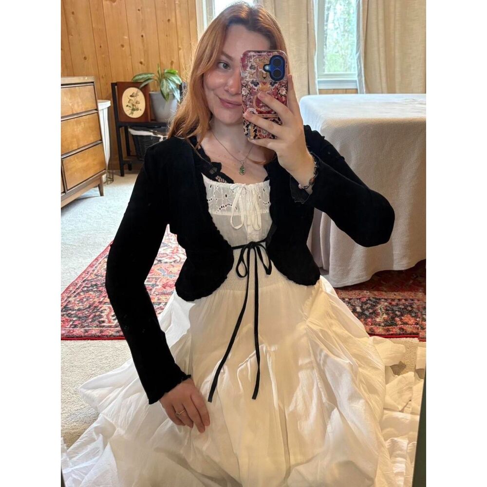 Whimsigoth Grunge Coquette Feminine Dainty Black Leather Suede Cardigan